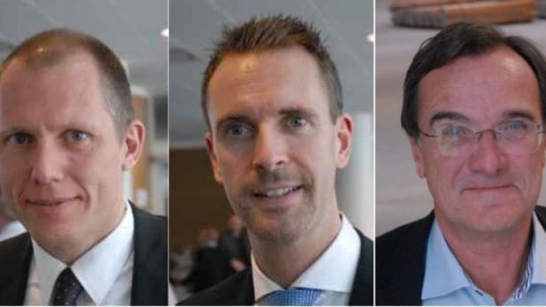 Koncernchef Jens Bjørn Andersen (t v), Magnus Malmqvist, vd i DSV Road och Jan Frenne, vd i DSV Solutions.