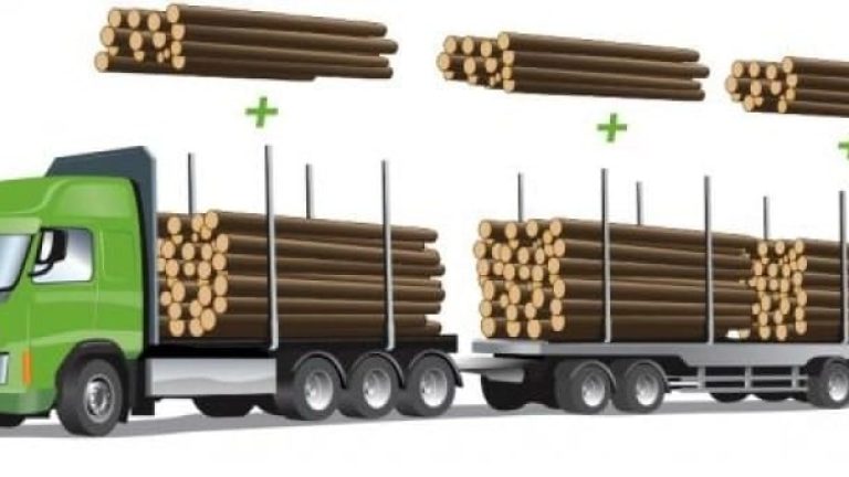 Så här ser en timmerbil ut med bruttovikten 74 ton. Den har försetts med ytterligare två hjulaxlar, jämfört med dagens 60-tons fordon.