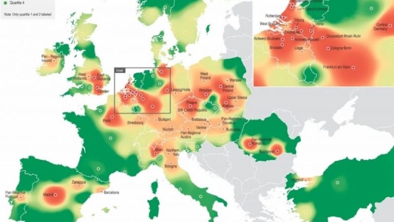Fyra spann, med var sin färg, delar Prologis in Europas orter i efter hur heta de bedöms vara för lageretableringar. Sverige är kylslaget jämfört med många områden på kontinenten, men fyra städer har ändå märkts orange.