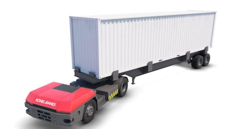 Så här kommer den automatiska terminaltraktorn att se ut, förväntad lansering i slutet av 2017. Fordonet utvecklas av Terberg, men kommer att kunna integreras i Konecranes automatiserade hamnsystem.