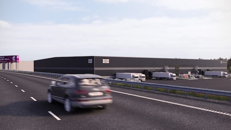 Så här kommer kommer vyn att se ut från E18 över Castellums nya logistikområde i Brunna.