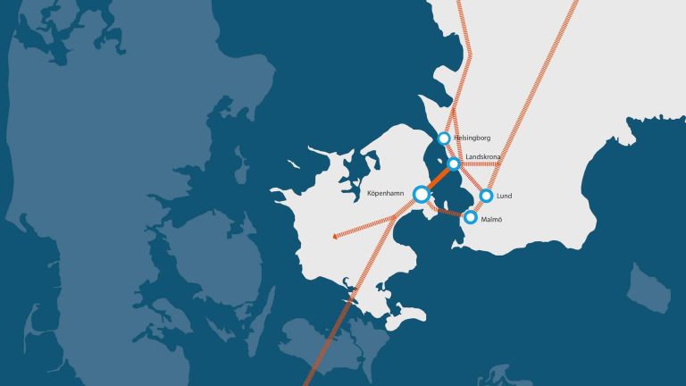 Karta över Europaspåret mellan Landskrona och Köpenhamn.