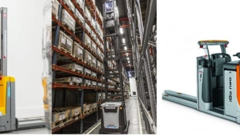 Lagertruckarna som tävlar om utmärkelsen Årets truck är (fr v): Jungheinrich EMD 115i, Unicarriers EPH 125 DTFV och Still Igo Neo CX20.