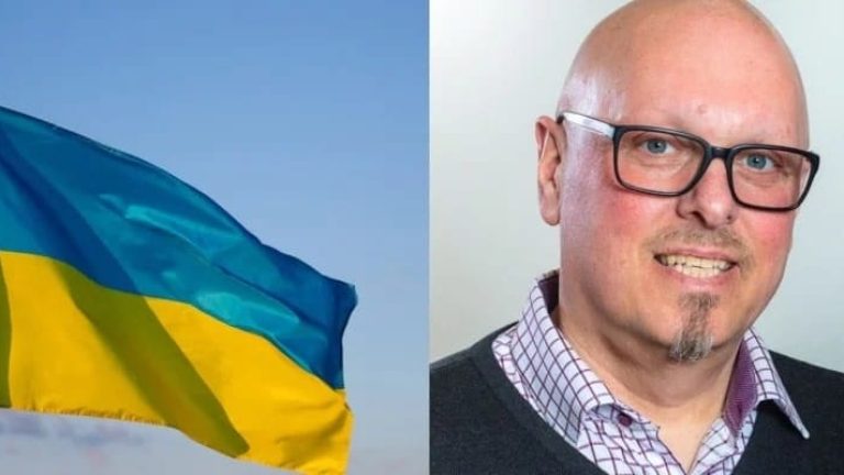 Montage av Ukrainas flagg och åkaren Stefan Espersson