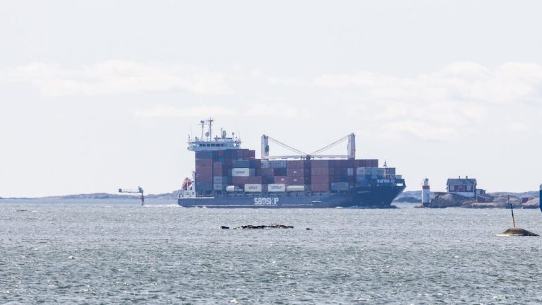 Containerfartyg till havs i soligt väder Containerfartyg till havs i soligt väder
