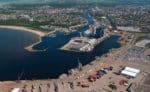 Flygbild över hamnen i Halmstad.