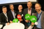 Transportnytt arrangerade panelsamtalet om e-logistik. Från vänster syns Alexander Kristofersson (Transportnytt), Marcus Uggla (Campadre), Håkan Olofsson (Cabomba), Peter Mellander (Sweco) och Jonas Berggren (E-logistik).