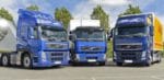 Volvo får betala motsvarande 6,4 miljarder kronor för sin inblandning i kartellen som har samordnat prissättningen och tidtabellen för införandet av ny miljövänlig teknik i Europas tunga lastbilar. På bilden, tagen 2011, tre relativt miljövänliga modeller: FM methanediesel, FE hybrid and FH DME.